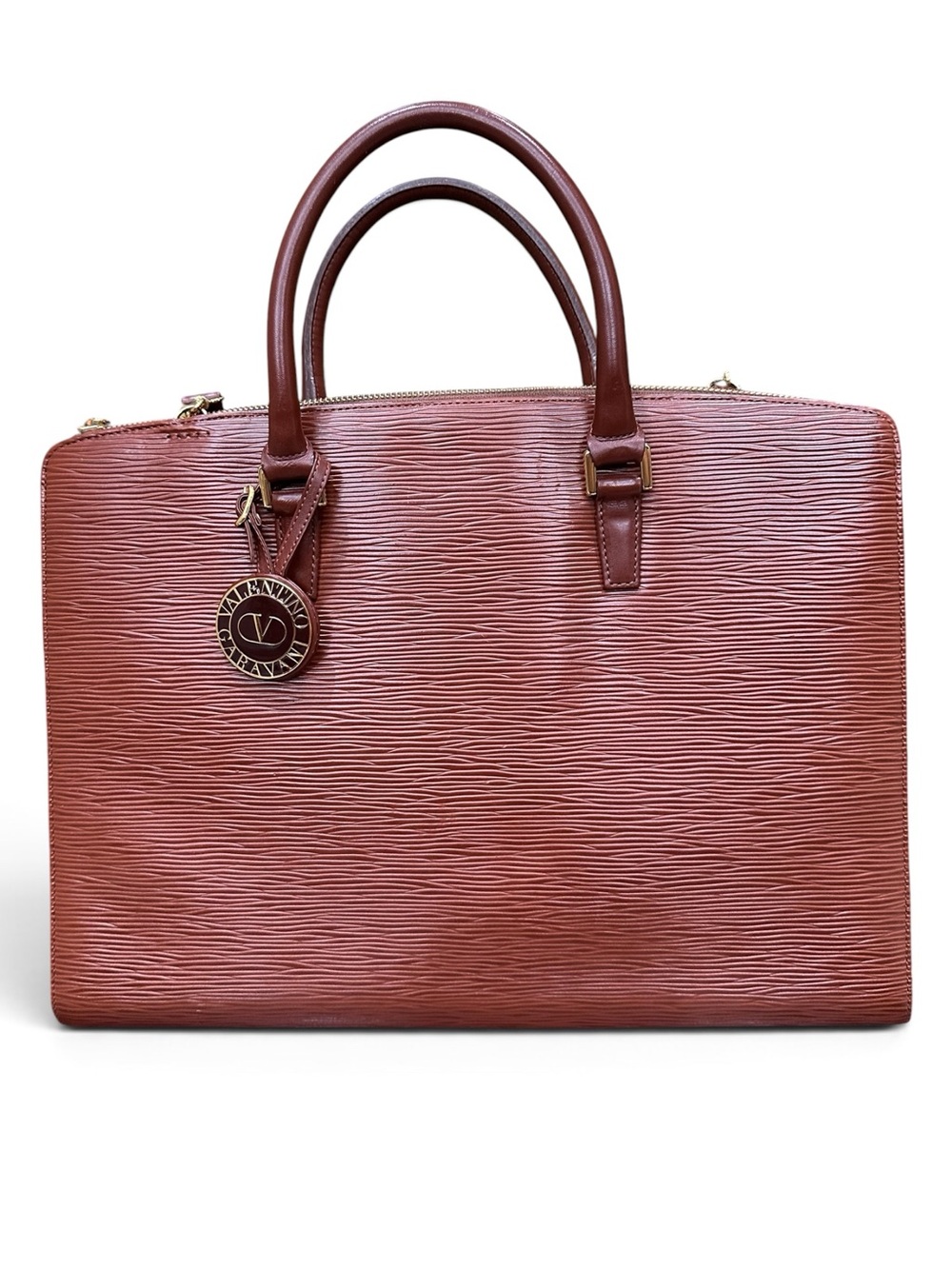 Valentino Garavani Chestnut Brown Textured Leather Laptop Tote